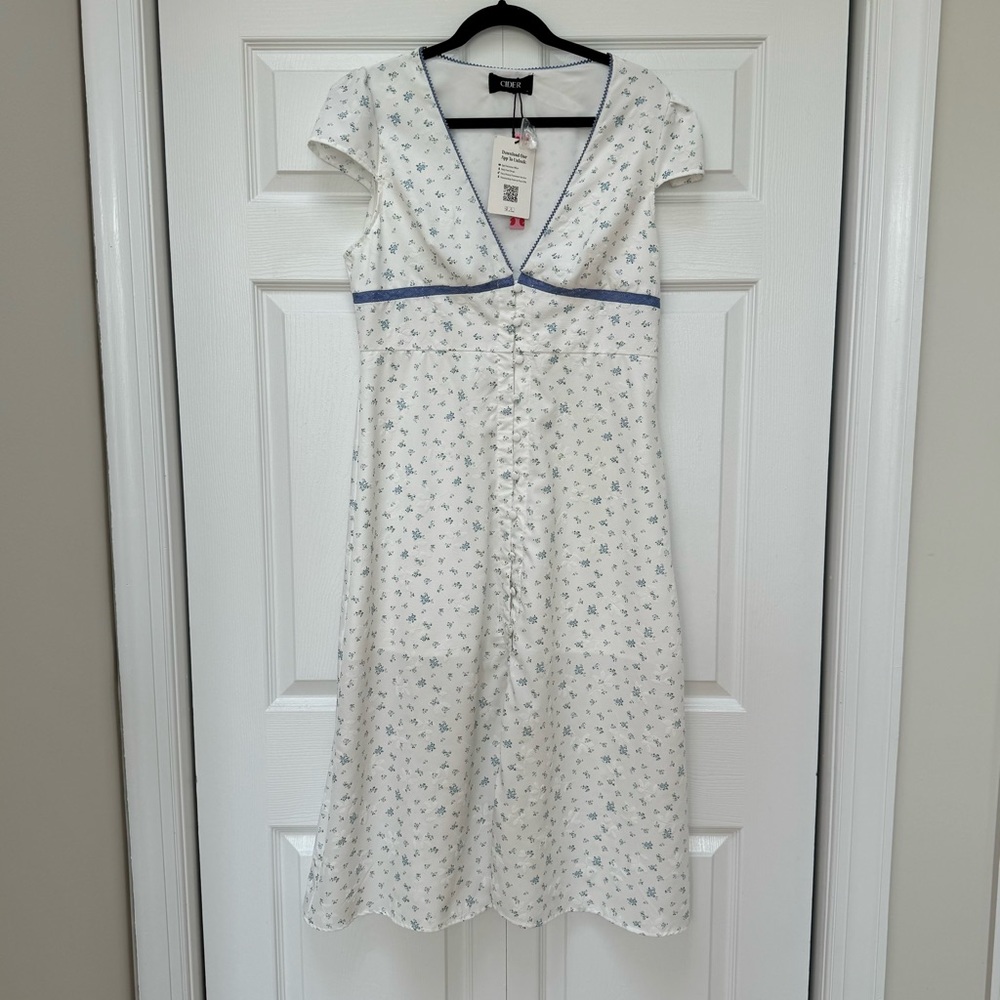 White Floral Midi Dress with Blue Accents
